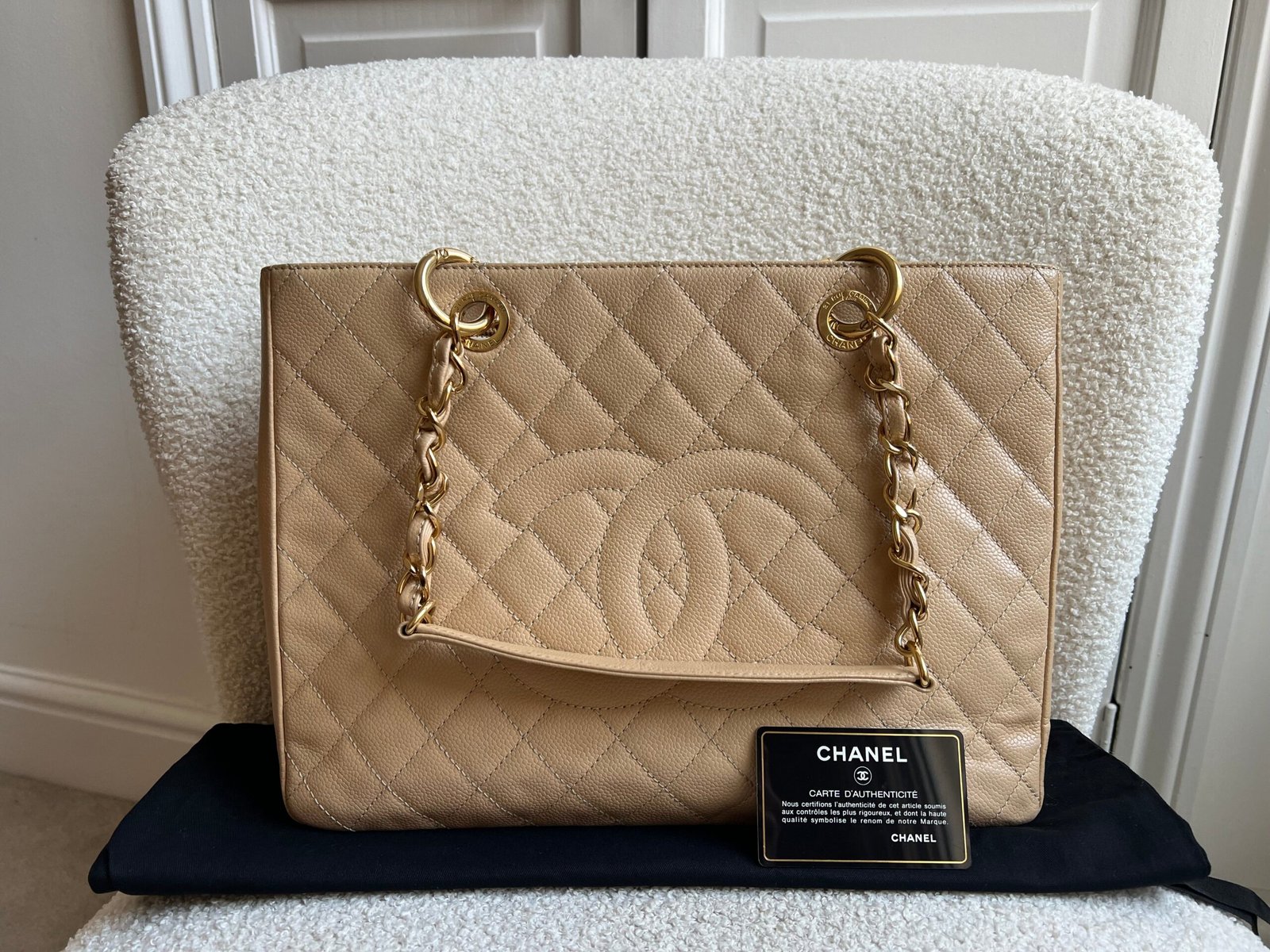 Chanel Beige Caviar Grand Shopper Tote gold hardware