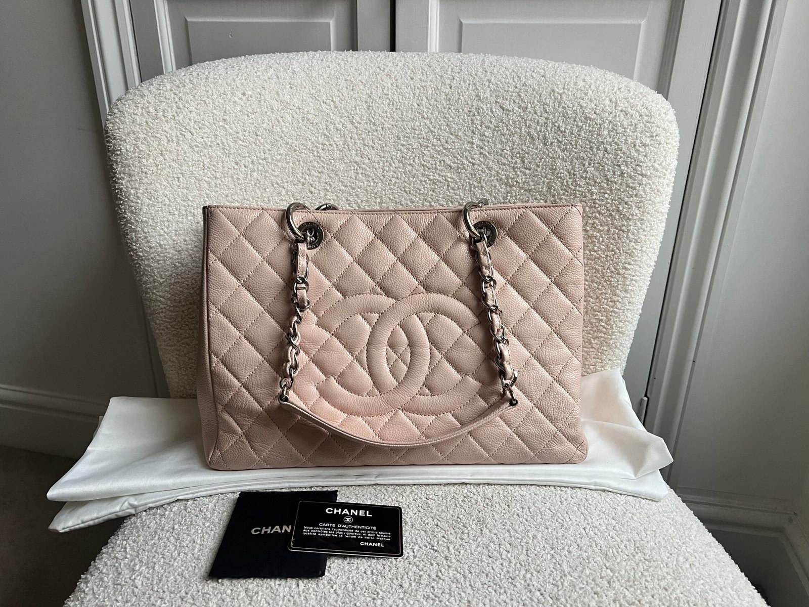 Chanel Light Pink Caviar Grand Shopper Tote with silver hardware (GST)