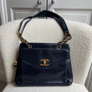 Chanel Vintage Navy Lambskin Chain Tote with 24k Gold Hardware